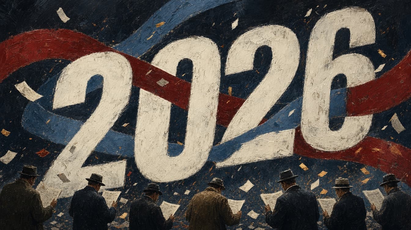 Painted numerals 2026 over ticker-tape ribbons and silhouetted traders reading reports