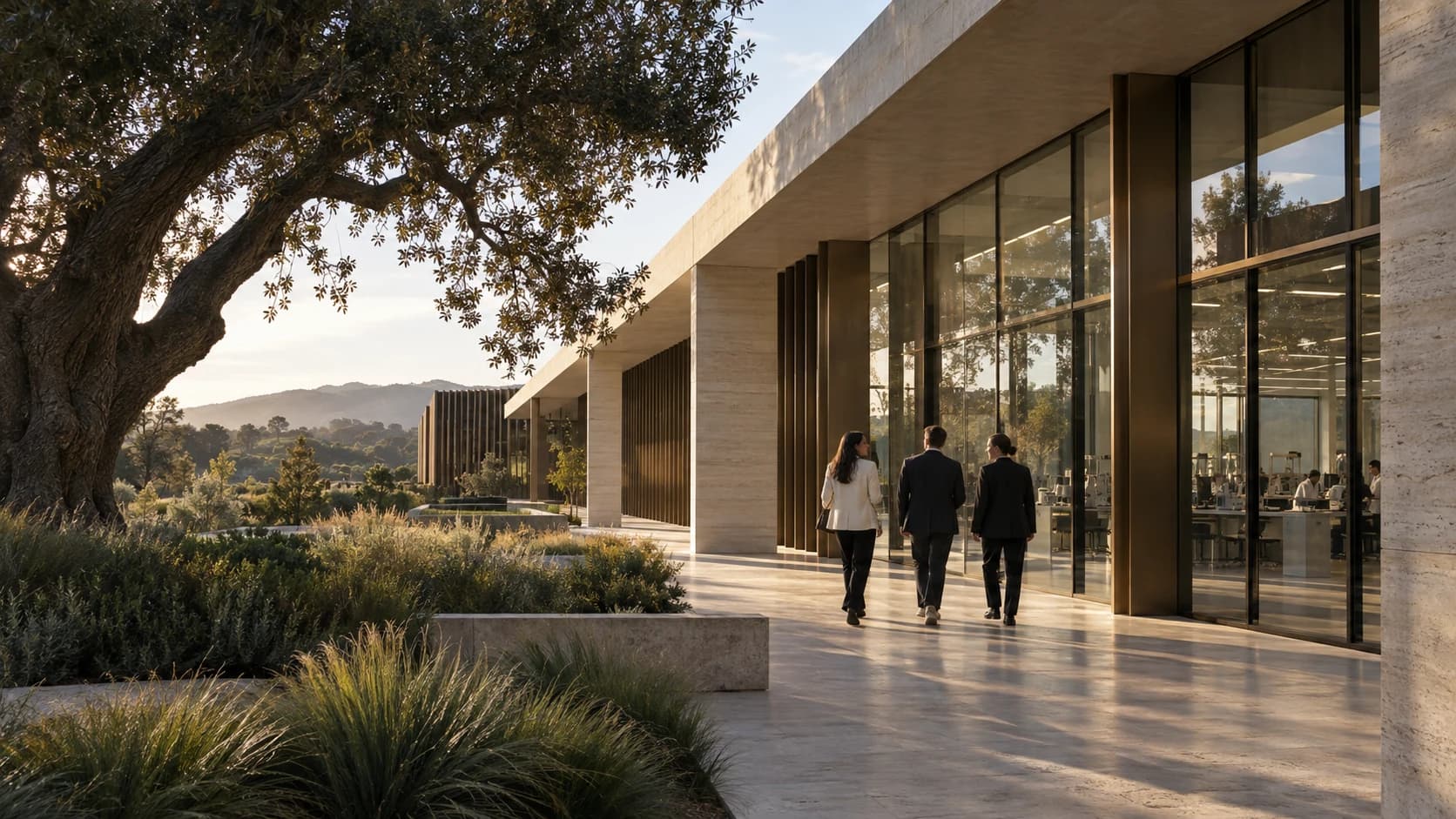 Three people in conversation as they walk beside a sunlit research campus.
