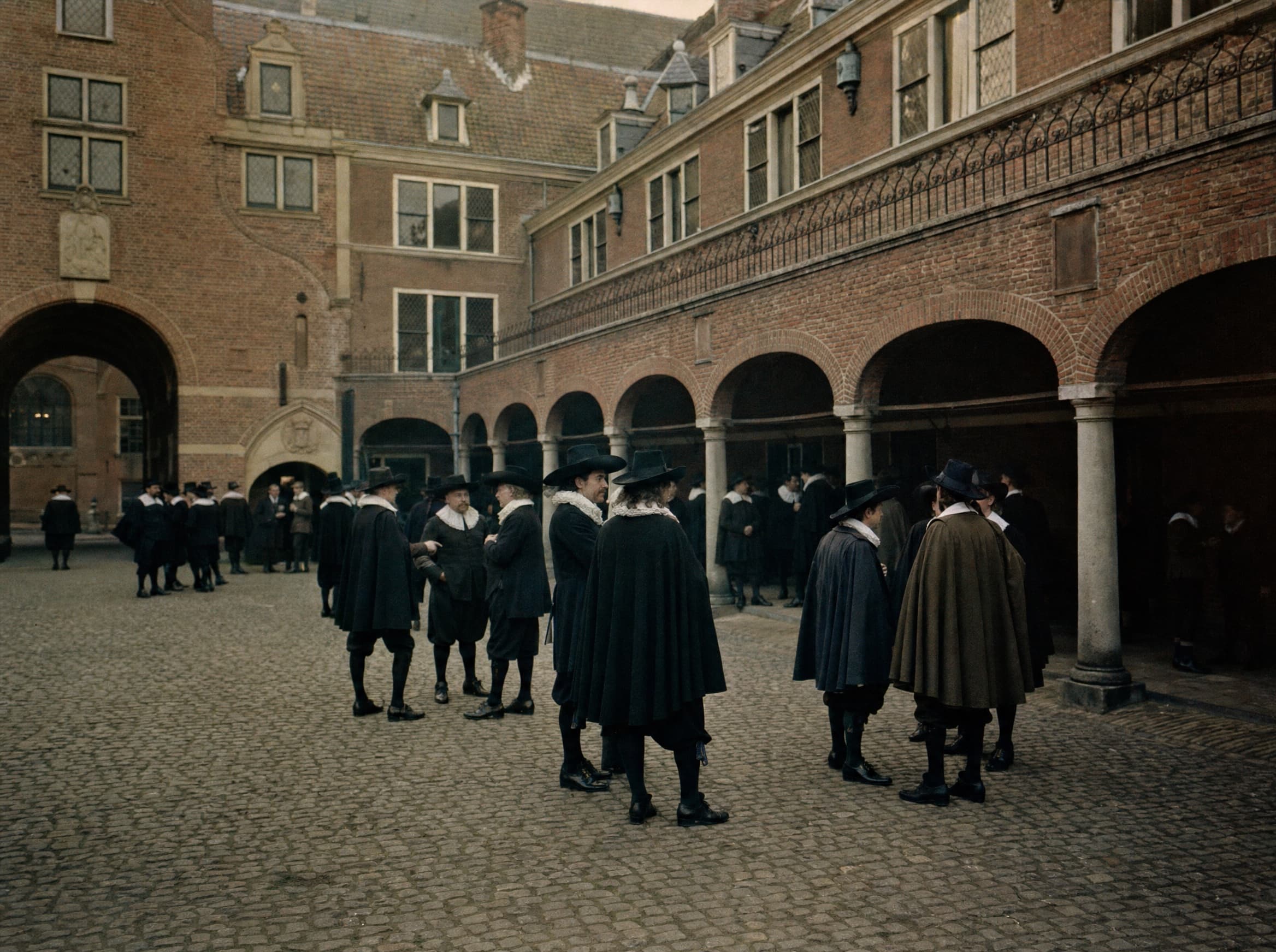 Merchants trading in the arcaded courtyard of the first Amsterdam exchange