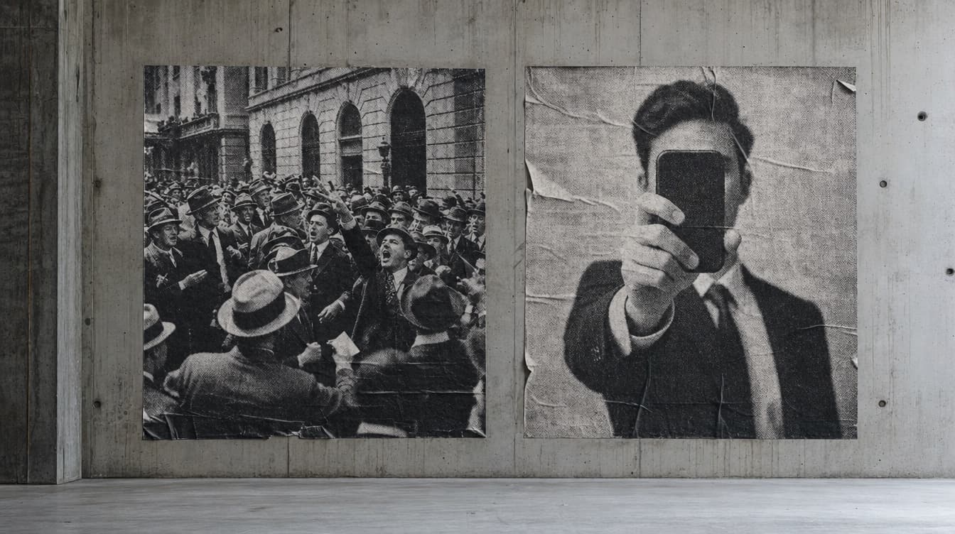Two wheat-pasted posters on a raw concrete wall, a 1920s curb-market crowd and a lone figure holding up a phone