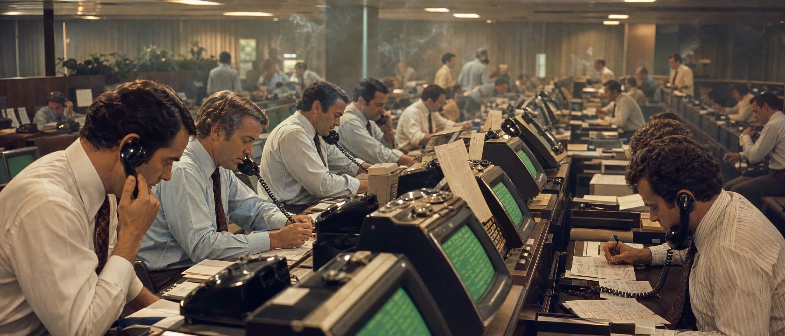 Rows of dealers at green quotation terminals in a 1971 over-the-counter dealing room