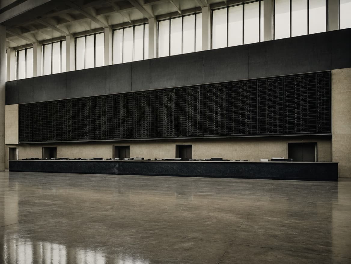 An empty modern trading hall at dawn, one long desk under a single wall of price boards