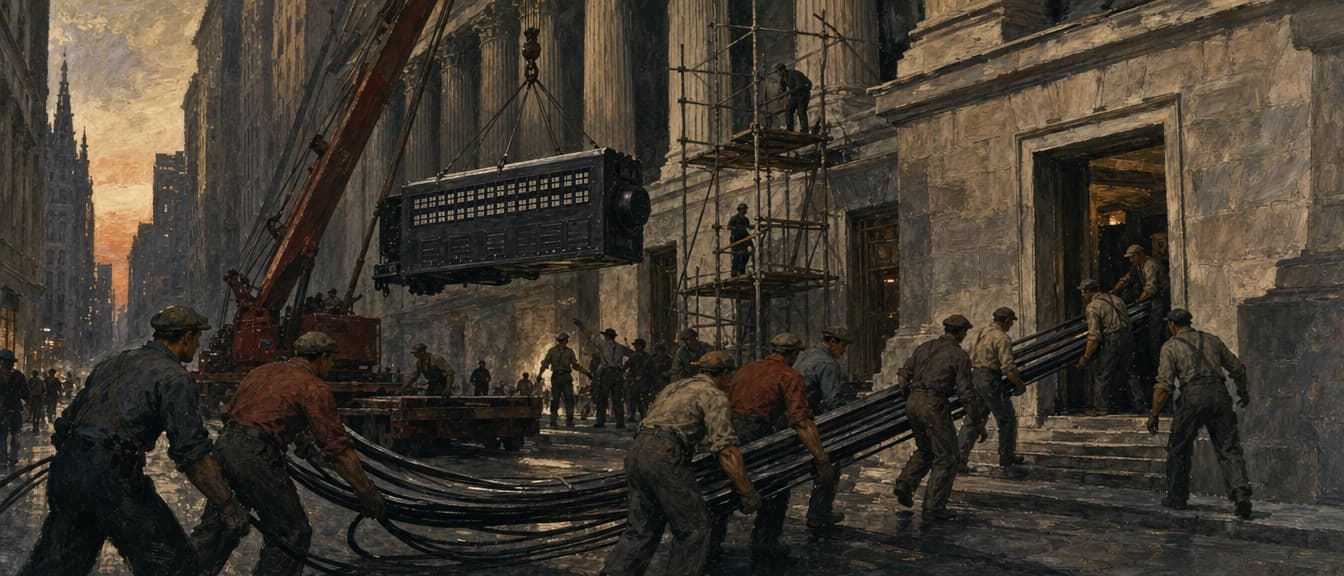 Painted Wall Street facades at dusk with workers hauling cables and a ticker machine indoors